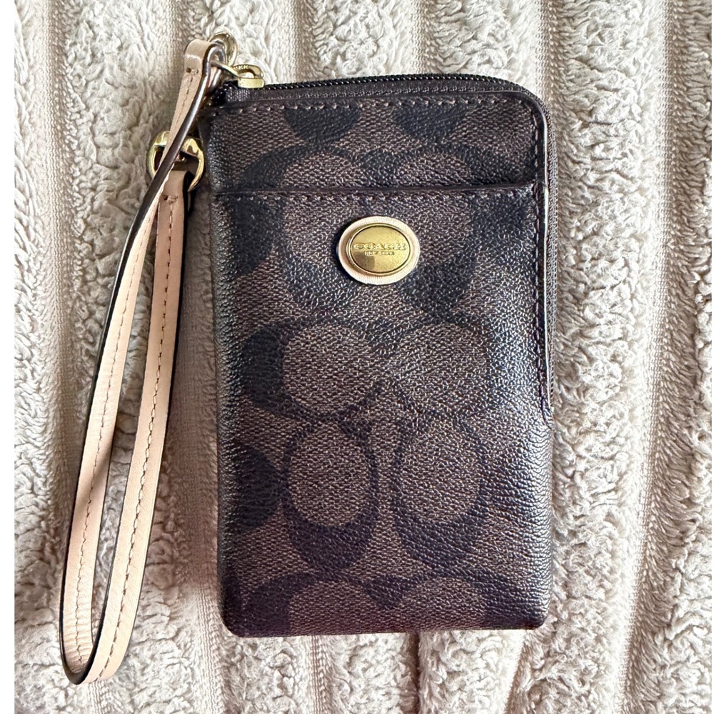 Coach Signature PVC Phone Wristlet Brown Monogram Wallet F62926